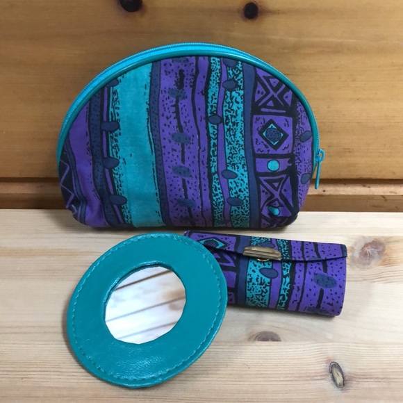 Vintage Geometric 80’s Style Makeup Pouch Mirror Lipstick Carrier Hand Bag - Picture 7 of 10